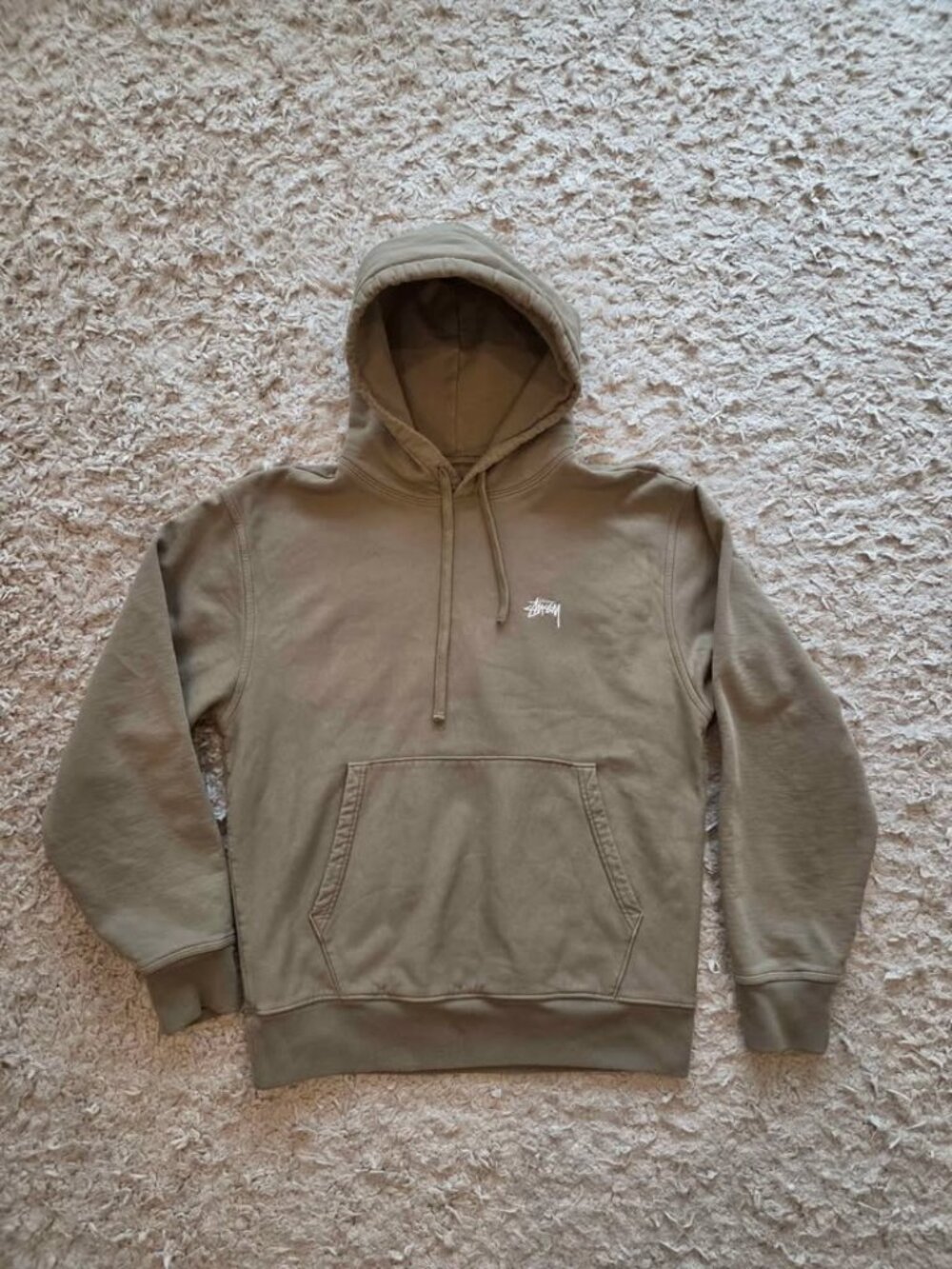 Stüssy Stock Logo Hoodie Men’s S Khaki Pullover Streetwear